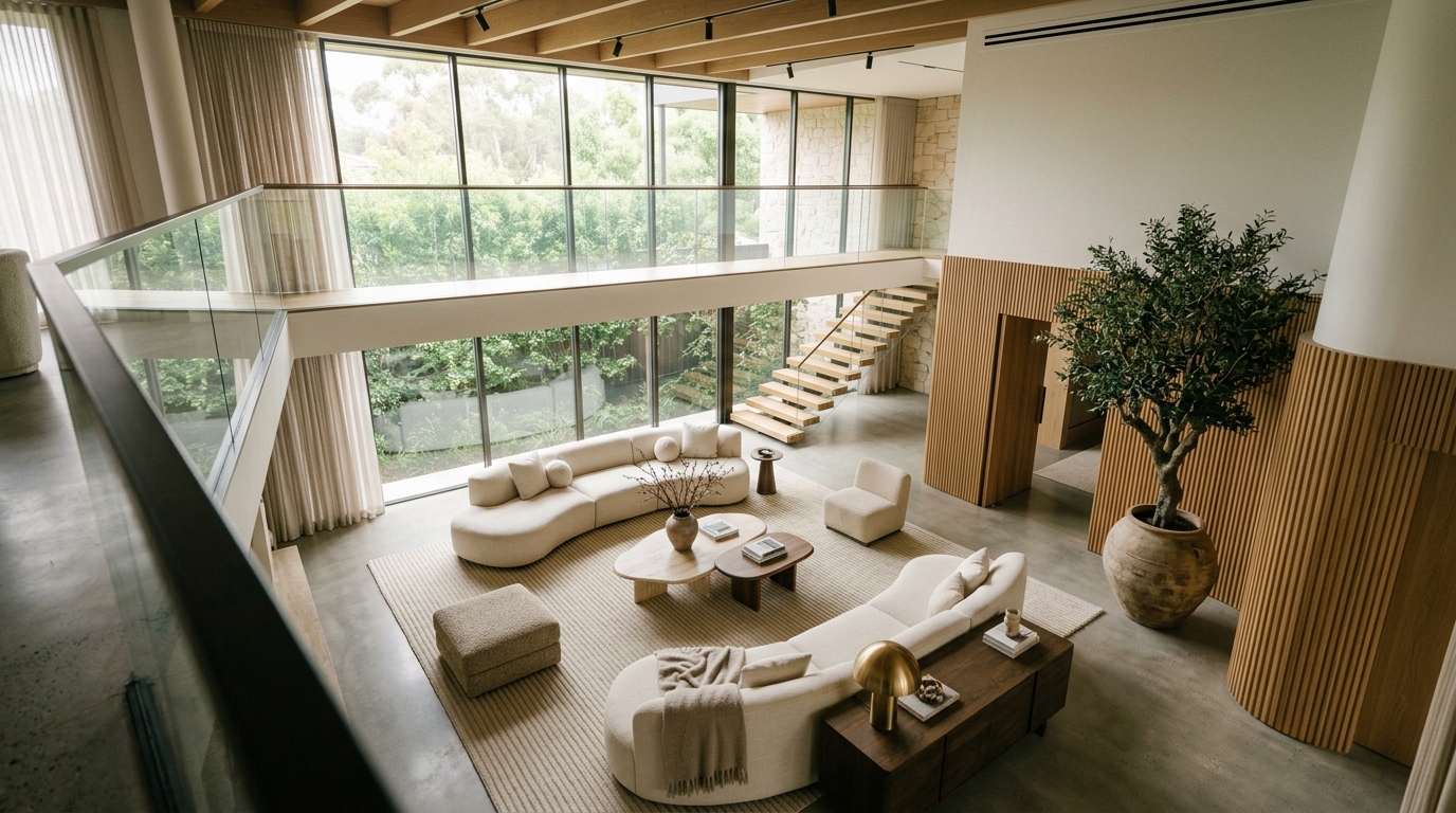 Aerial view of double-volume lounge — SILK & STONE