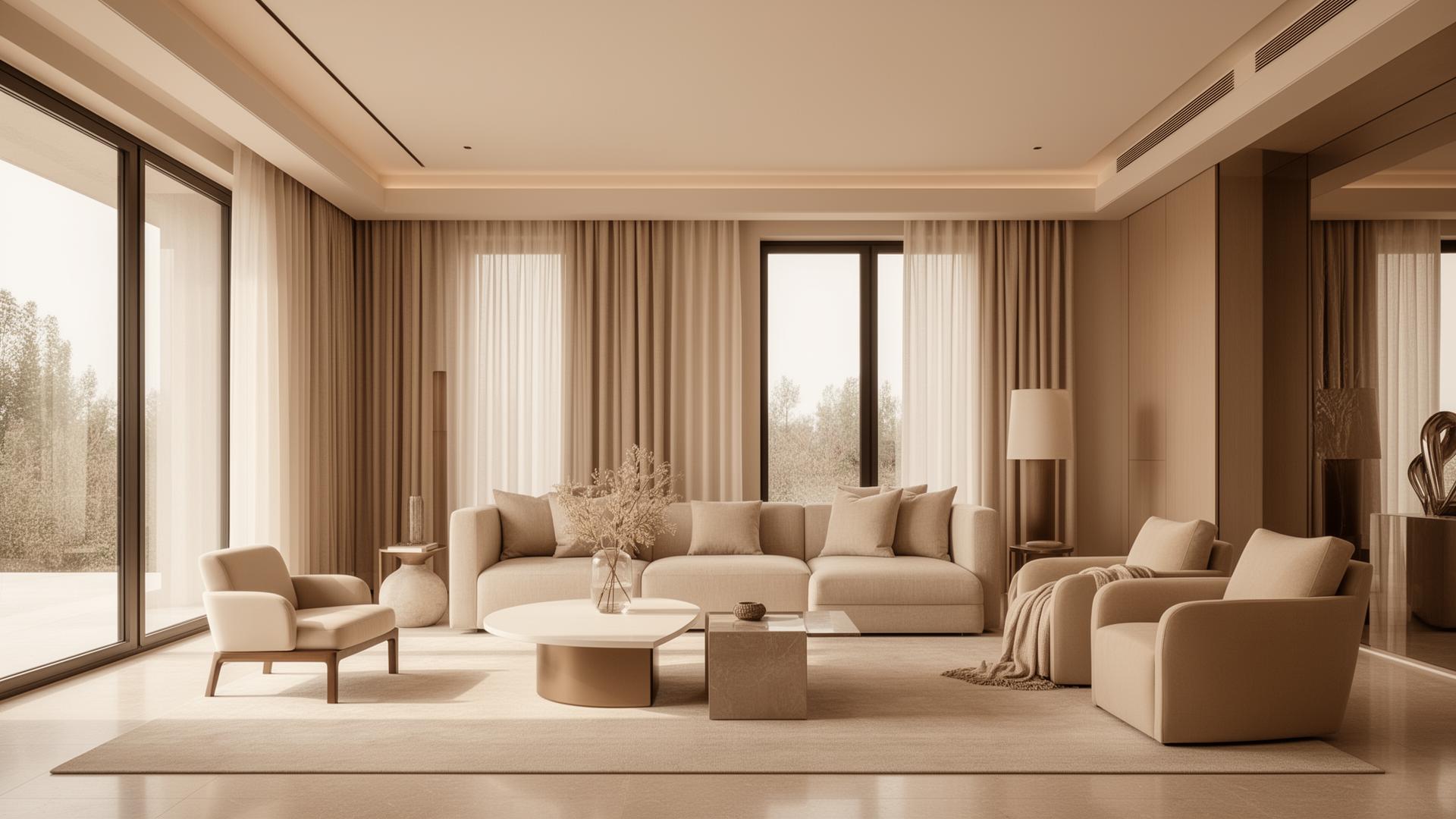Luxurious modern living room with warm neutral tones