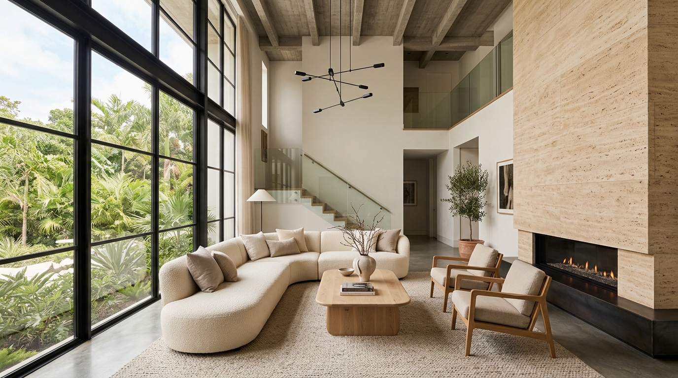 Signature double-height travertine villa living salon by SILK & STONE