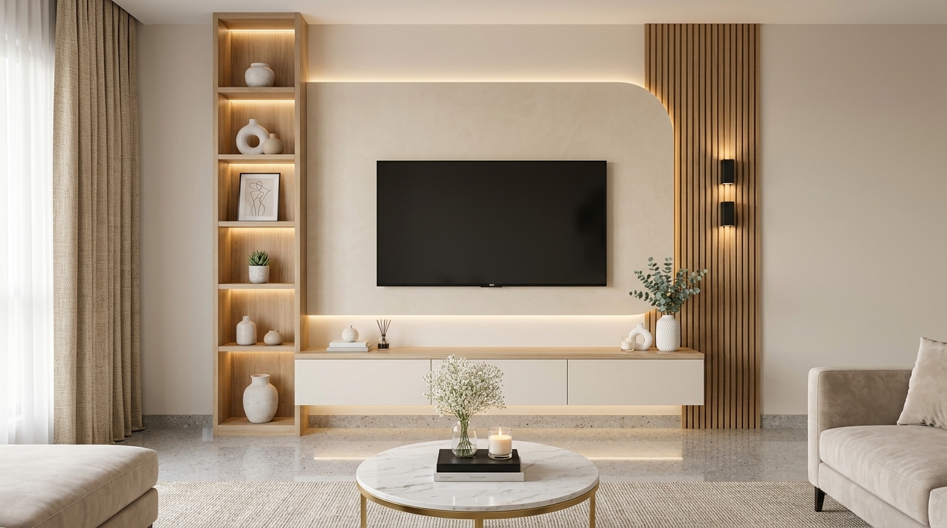 Comprehensive design services — bespoke TV unit and fluted millwork by SILK & STONE